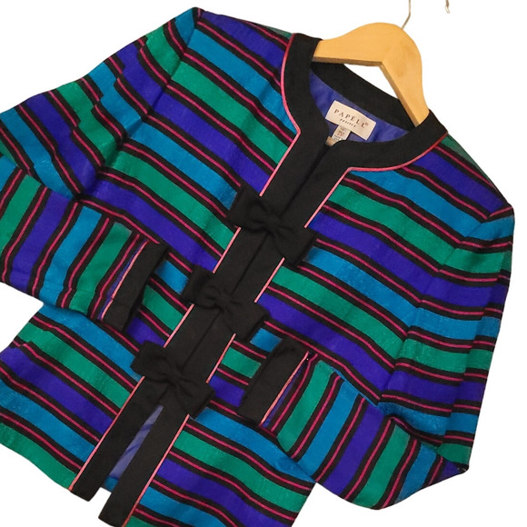 Vintage Papell Petites Womens Silk Snap Button Blazer 6P Striped Career Jacket - Picture 1 of 16